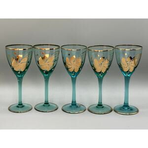 Aqua Blue Gold Flower - Set of 5 Wine Stem Glasses